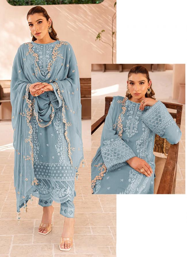 Georgette Sky Blue Eid Wear Embroidery Work Pakistani Suit